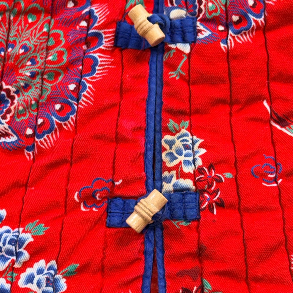 Vintage Cathay Red‎ Quilted Peacock Print Toggle Jacket Mandarin Collar Small - Picture 12 of 13